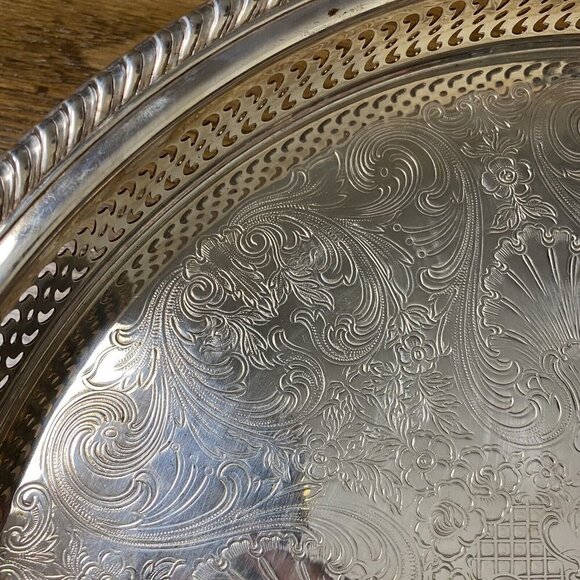 Wm ROGERS Silverplate Lazy Susan & Serving Gallery Tray Cocktail Bar Buffet - Picture 6 of 11